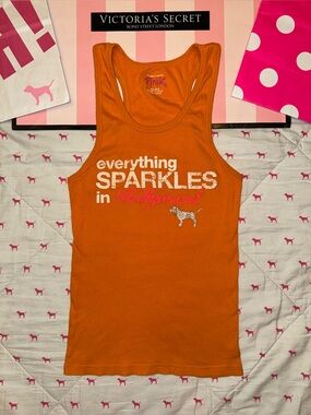 VS PINK VINTAGE Y2K RIBBED TANK TOP ORANGE “SPARKLES IN HOLLYWOOD” BLING DOG HTF